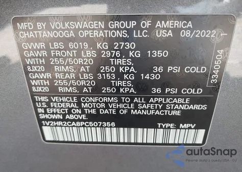 2023 Volkswagen Atlas 3.6L V6 Se W/Technology из США, поврежденный, VIN 1V2HR2CA8PC507356